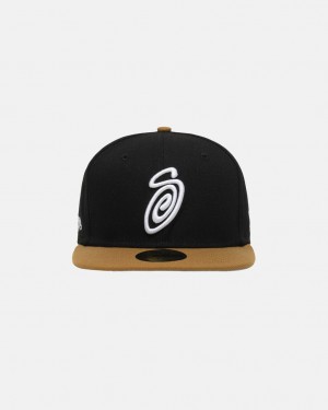 Stussy New Era 59Fifty Curly S - Unisex Mustat Kultaiset | EFIHC23872